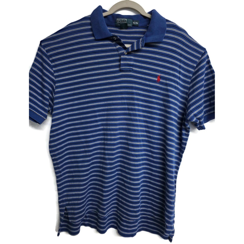 Polo Ralph Lauren Mens XL Blue Striped Short Sleeve Cotton Polo Shirt Red Pony